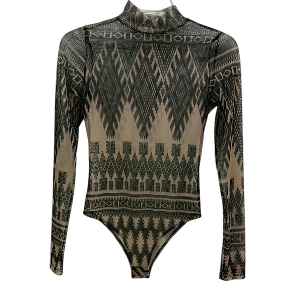 Nylon Apparel Southwest Aztec Print Mesh Sheer Bodysuit Mock Neck Medium - Picture 1 of 12